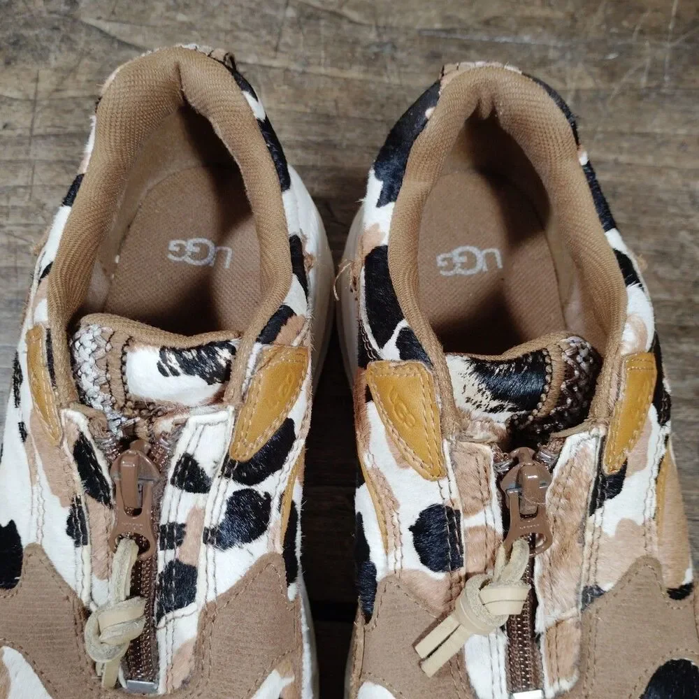Ugg Sneakers 7.5 Cow Print 1120717 Brown Black Cream Zip Shoes Suede Platform